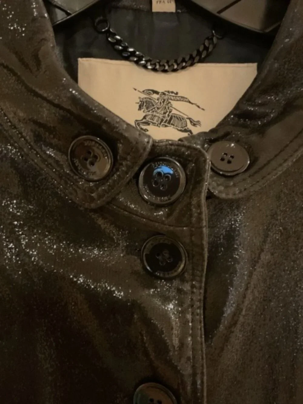 BURBERRY Black Shimmer Leather Coat IT sz46/ US sz 12- MADE IN ITALY - Picture 3 of 9